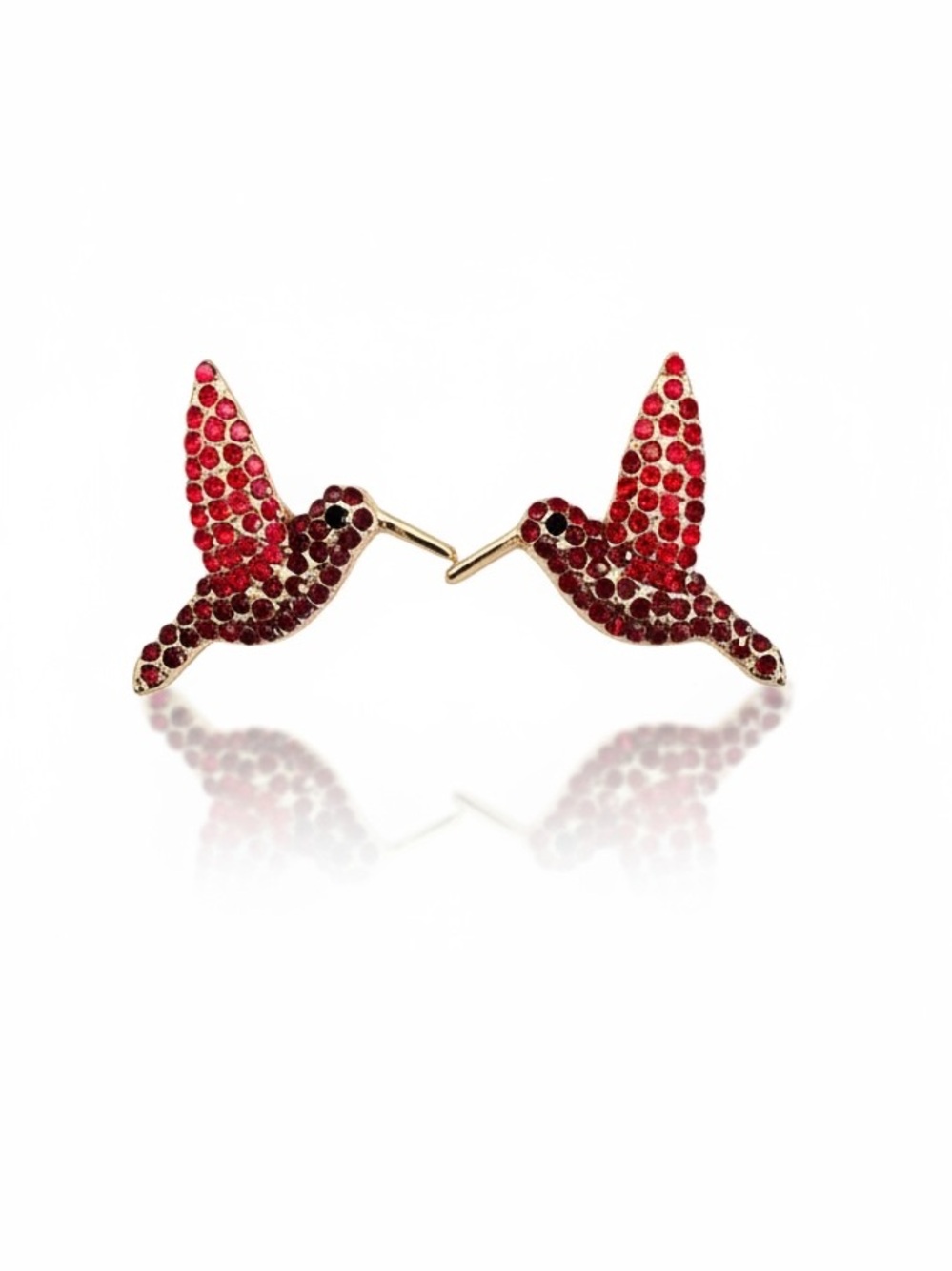 Hummingbird Cherry Dark Red Allover Burgundy Rhinestone Gold Post 1.5" Earrings